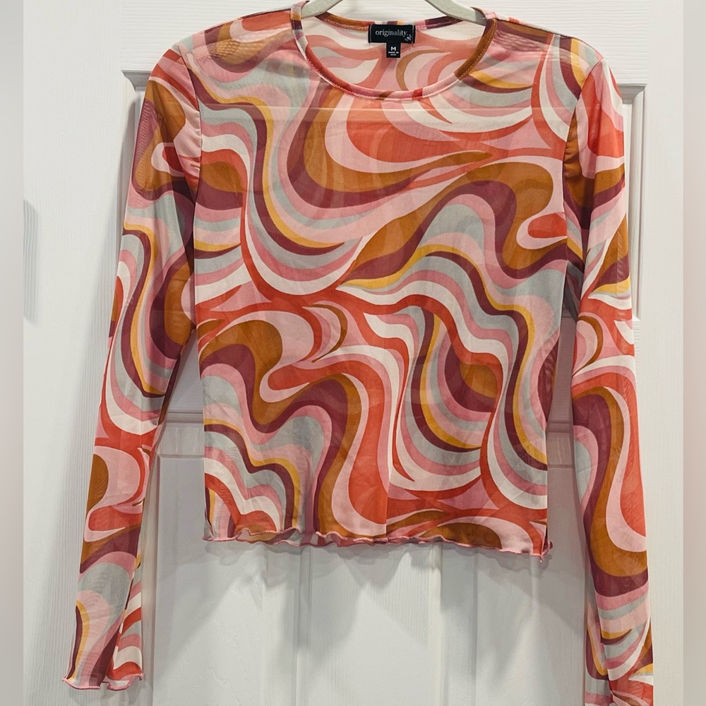 NWOT Sheer originality. 70s Vibe Mesh Print Crop Top-Medium